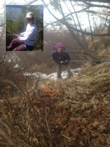 Amanda does her best to muster a smile as she rappels through Alder Hell. Inset: A much more pleasant rappel through an Alder-Free Zone. (Photos: Gil Carr.)