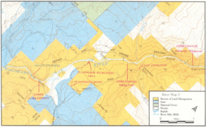 Not much has changed in the decades since the BLM published this map of the run from Pumphouse to Radium. (Map courtesy of BLM-Kremmling Field Office.)